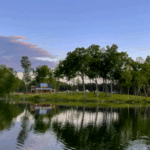 Tranquil lakeside view at Sunshine Ridge with wooded surroundings