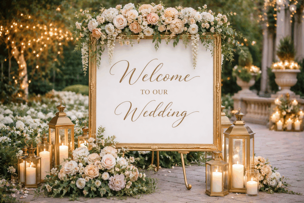 A picture of a luxurious wedding sign board