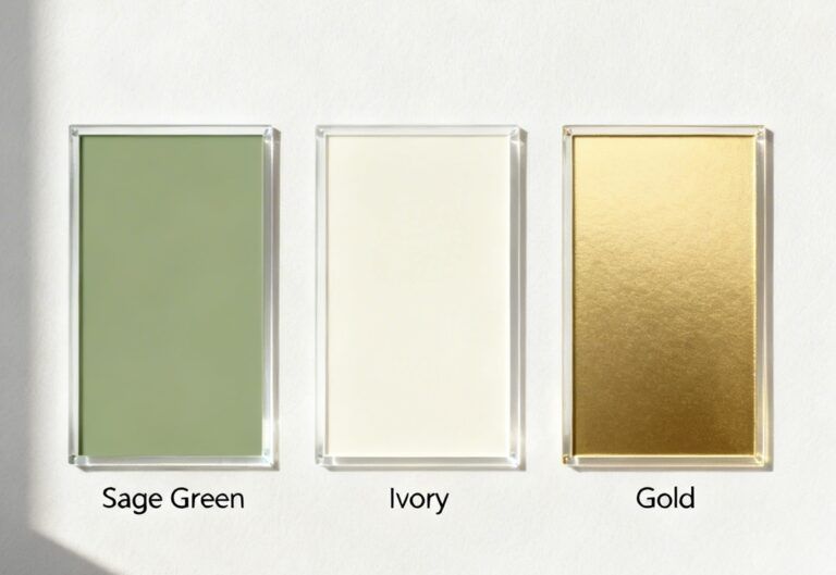 A color palette of sage green, ivory, and gold