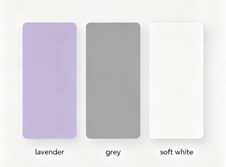 A color palette of lavender, grey, and soft white