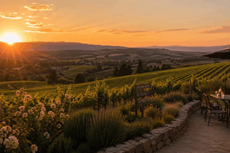 an AI generated picture of a scenic view in a vineyard during the golden hour