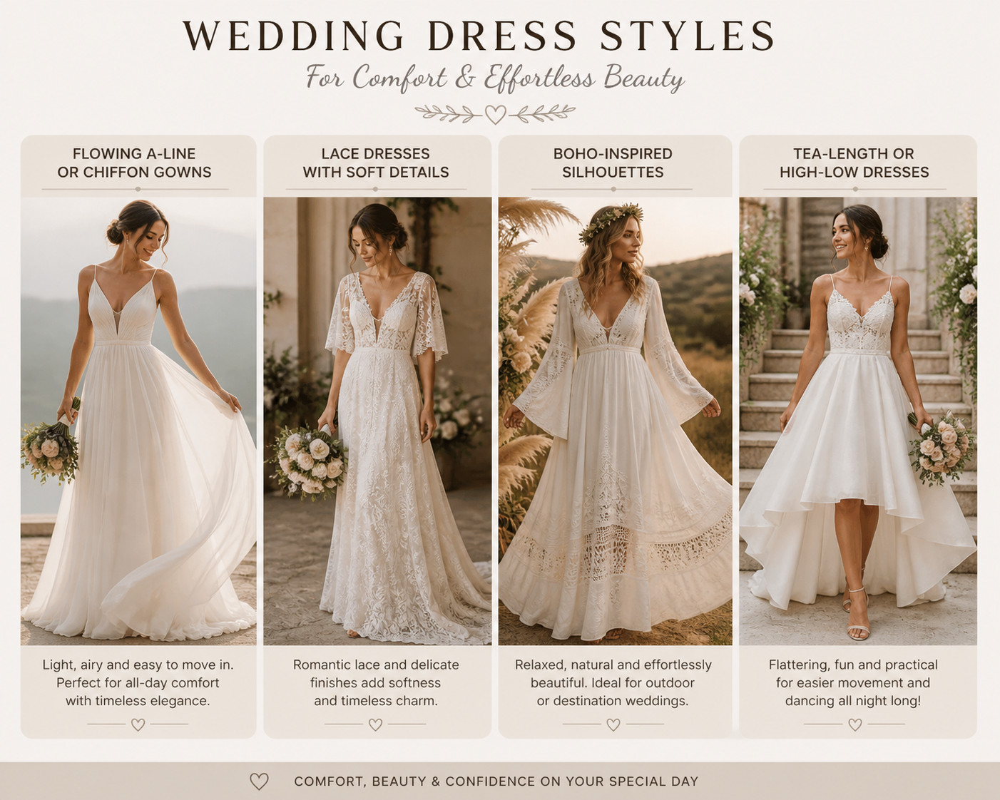 Elegant infographic showcasing four comfortable wedding dress styles: A-line chiffon, lace, boho, and tea-length designs.